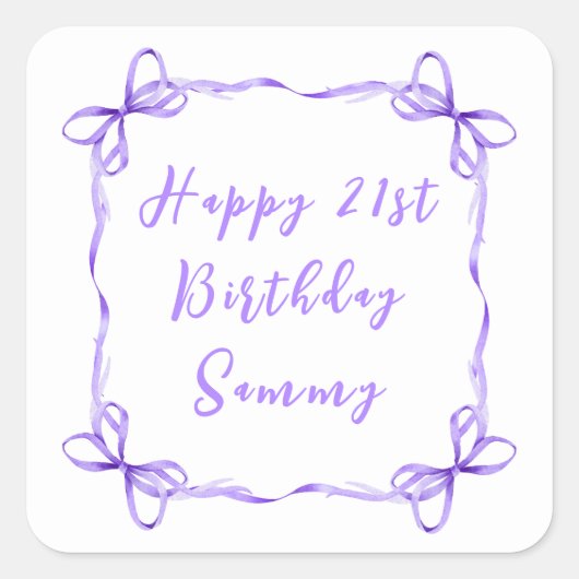 Sticker Carré Ribbon de coquette violet Joyeux anniversaire (Devant)