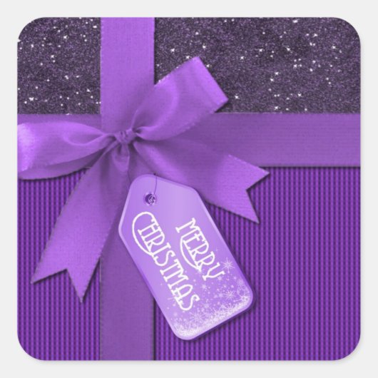 Sticker Carré Ribbon violet Joyeux cadeau de Noël (Devant)