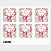 Sticker Carré Rinder de Noël Rouge Joyeux Avec Boughs (Feuille)