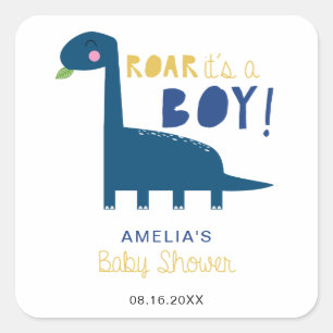 Sticker Carré Roar c'est un garçon mignon baby shower dinosaure