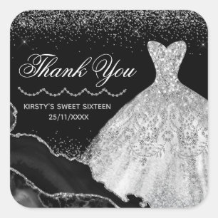 Sticker Carré Robe Aquarelle Argent & Bord Glam Sweet 16