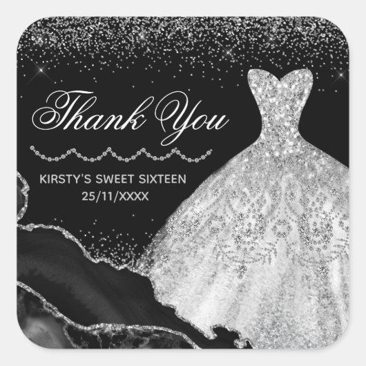 Sticker Carré Robe Aquarelle Argent & Bord Glam Sweet 16 (Devant)