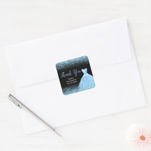 Sticker Carré Robe bleu clair Quinceanera Parties scintillant Fa (Enveloppe)