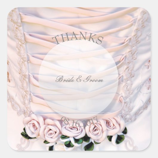 Sticker Carré Robe de mariée blanche avec Mariage Rose (Devant)