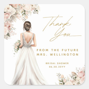 Sticker Carré Robe de mariée Brunette Fleurs Mariage Cérémonie
