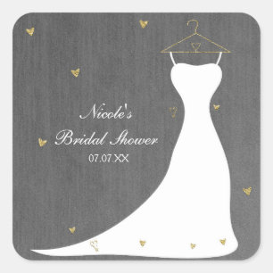 Sticker Carré Robe de Mariée Moderne & Cœur Doré Baby Shower
