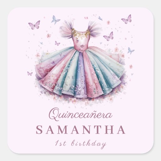 Sticker Carré Robe de princesse Pastel pour 1er anniversaire (Devant)
