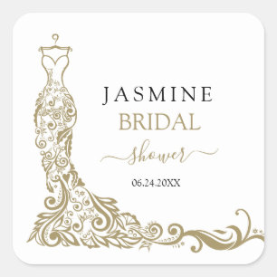 Sticker Carré Robe de soirée élégante blanche et or rose Bouquet