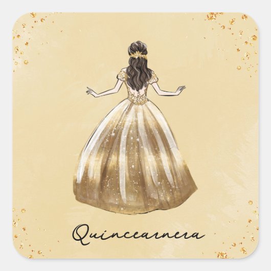Sticker Carré Robe d'or avec Parties scintillant Quinceanera Ann (Devant)
