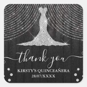 Sticker Carré Robe en diamant d'argent sur Quinceanera en bois n