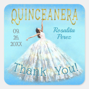 Sticker Carré Robe Royale Bleue Or Fancy Quinceanera Merci