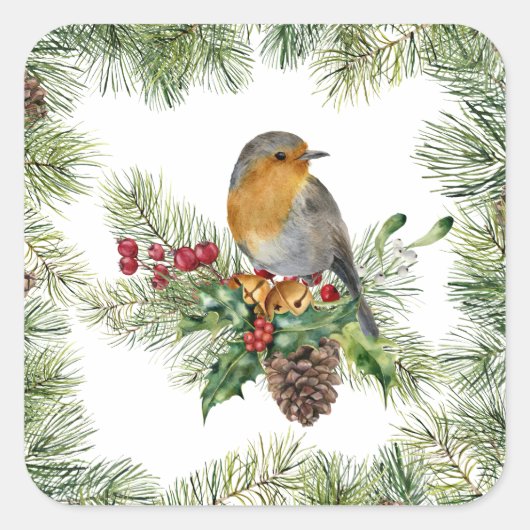 Sticker Carré Robin, saint, Noël de pin (Devant)