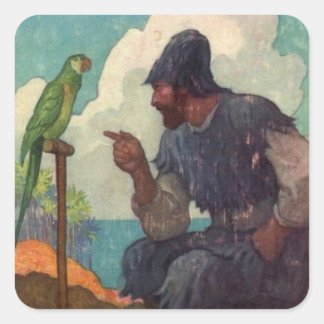 Sticker Carré Robinson Crusoe et Parrot Poll