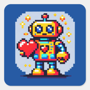 Sticker Carré Robot avec coeur - Joli Pixel Art Design Sci-Fi