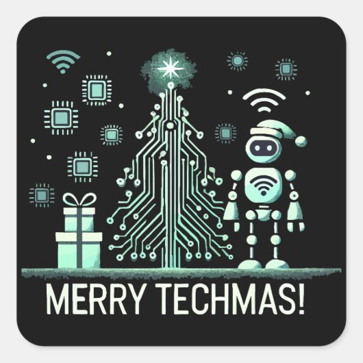 Sticker Carré Robot IA avec arbre de Noël Tech - Joyeux Techmas (Devant)