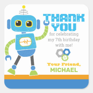 Sticker Carré Robots and Bolts Blue and Green Birthday Favoriser