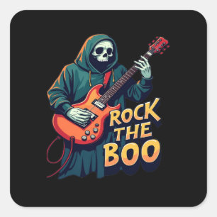 Sticker Carré Rock the Boo - Halloween Skeleton Guitare Design