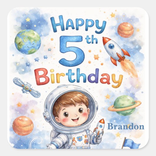 Sticker Carré Rocket ship birthday Space Planets Boy Stars (Devant)