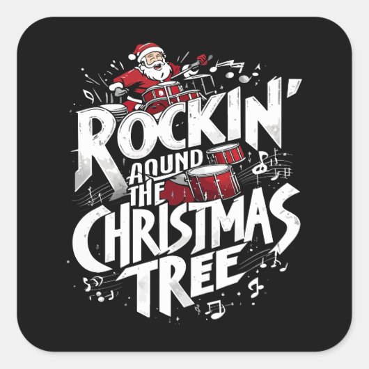 Sticker Carré Rockin' Christmas Tree Text Drummer (Devant)
