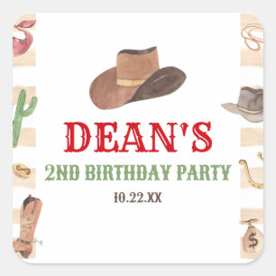 Sticker Carré Rodeo Cowboy Western Wild West fête d'anniversaire