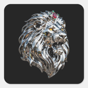 Sticker Carré Roi Lion Chrome Métallisé Cyberpunk Couronne Rubis