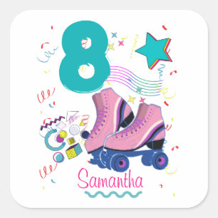 Sticker Carré Roller Skate Anniversaire Fille Retro Patinage