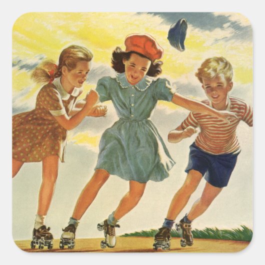 Sticker Carré Roller vintage Patinage amusant Enfants Garçons et (Devant)