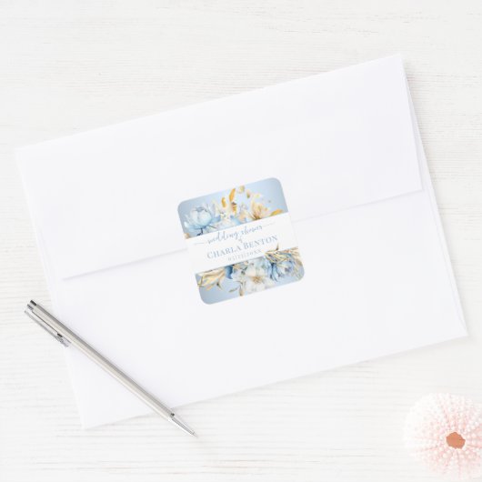 Sticker Carré Romance Blue Floral Gold Wedding Shower (Enveloppe)