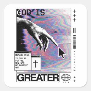 Sticker Carré Romans 8:31 Cyberpunk Main de Dieu Glitch Art