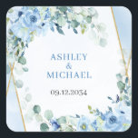 Sticker Carré Romantique bleu floral sage eucalyptus cadre or<br><div class="desc">Le mélange de fleurs bleues poussiéreuses romantiques, de verdure d'eucalyptus et de cadre de parties scintillant dorée sur un autocollant mariage crée une esthétique étonnante et élégante. Les teintes bleues douces, associées à la verdure luxuriante et aux touches d'or, évoquent un sentiment de sophistication et de charme. Ce choix design...</div>