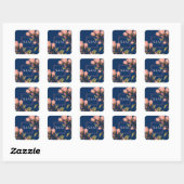 Sticker Carré Romantique bleu foncé et fleurs rose carré autocol (Feuille)