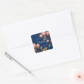 Sticker Carré Romantique bleu foncé et fleurs rose carré autocol (Enveloppe)