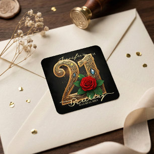 Sticker Carré Romantique Chic Filigrane Doré Rose Rouge 21e Anni
