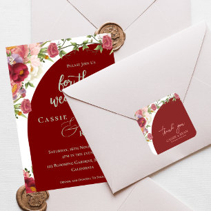 Sticker Carré Romantique Fleurs de Pêche Rouge Arche Mariage Mer