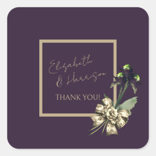 Sticker Carré Romantique Gold Script Dark Plum Mariage Merci