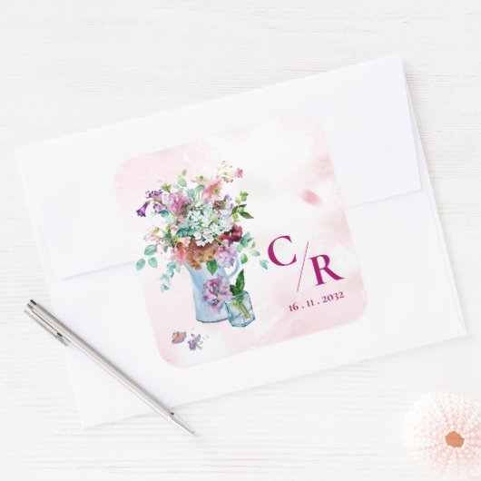 Sticker Carré Romantique Rustique Floral Monogramme Fleur sauvag (Enveloppe)