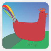 Sticker Carré Rooster rouge coloré avec Rainbow Tail sur Hill (Devant)