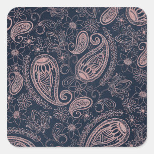 Sticker Carré Rose bleu classique Parties scintillant or Paisley