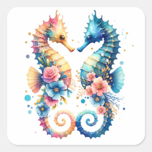 Sticker Carré Rose, bleu et or Seahorse côtier plage
