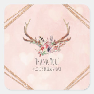 Sticker Carré Rose Blush Rose Floral Cerf Bois de Cerf Bohème Ch
