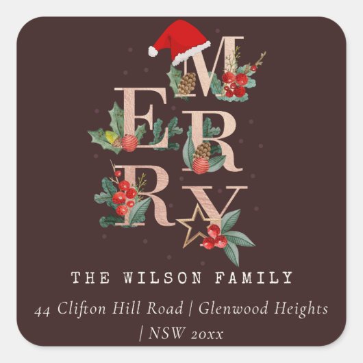Sticker Carré Rose Brown Gold Joyeux Noël Adresse (Devant)