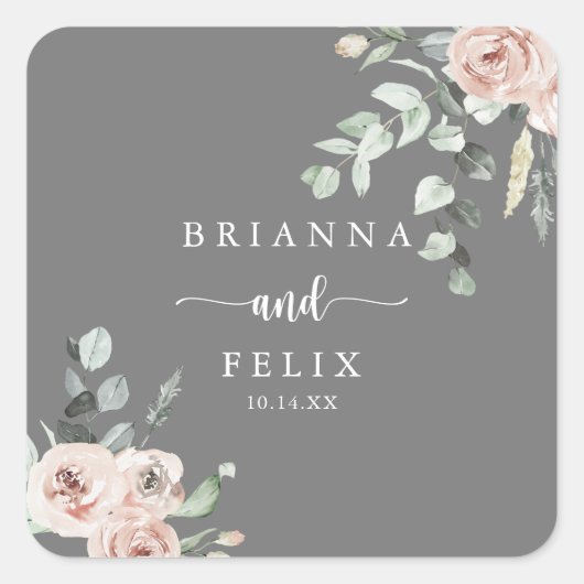 Sticker Carré Rose classique floral gris Mariage Enveloppe Phoqu (Devant)