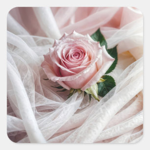 Sticker Carré Rose de mariage rose sur tulle