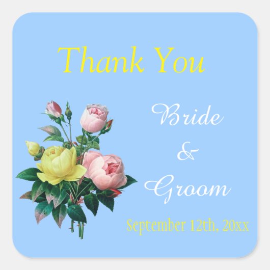 Sticker Carré rose et jaune fleurs rose mariage merci (Devant)