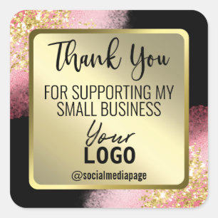Sticker Carré Rose Et Or Sur Le Logo D'Entreprise Merci Noir