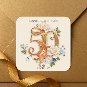 Sticker Carré Rose et pierres précieuses du 50e anniversaire dor