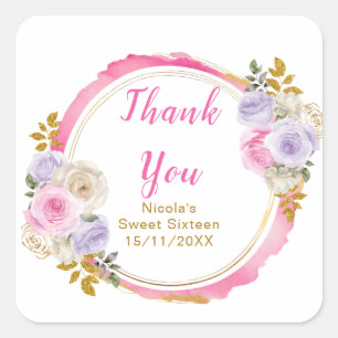 Sticker Carré Rose et Violet Elégant Fleurs Sweet Seize