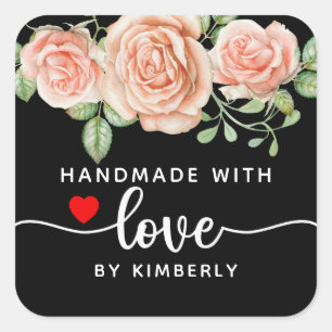 Sticker Carré Rose fait main avec amour noir