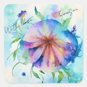 Sticker Carré rose, fleur d'algues bleues, aquarelle,