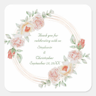 Sticker Carré Rose Fleur Mariage Cadre Or Rose Pêche Verte